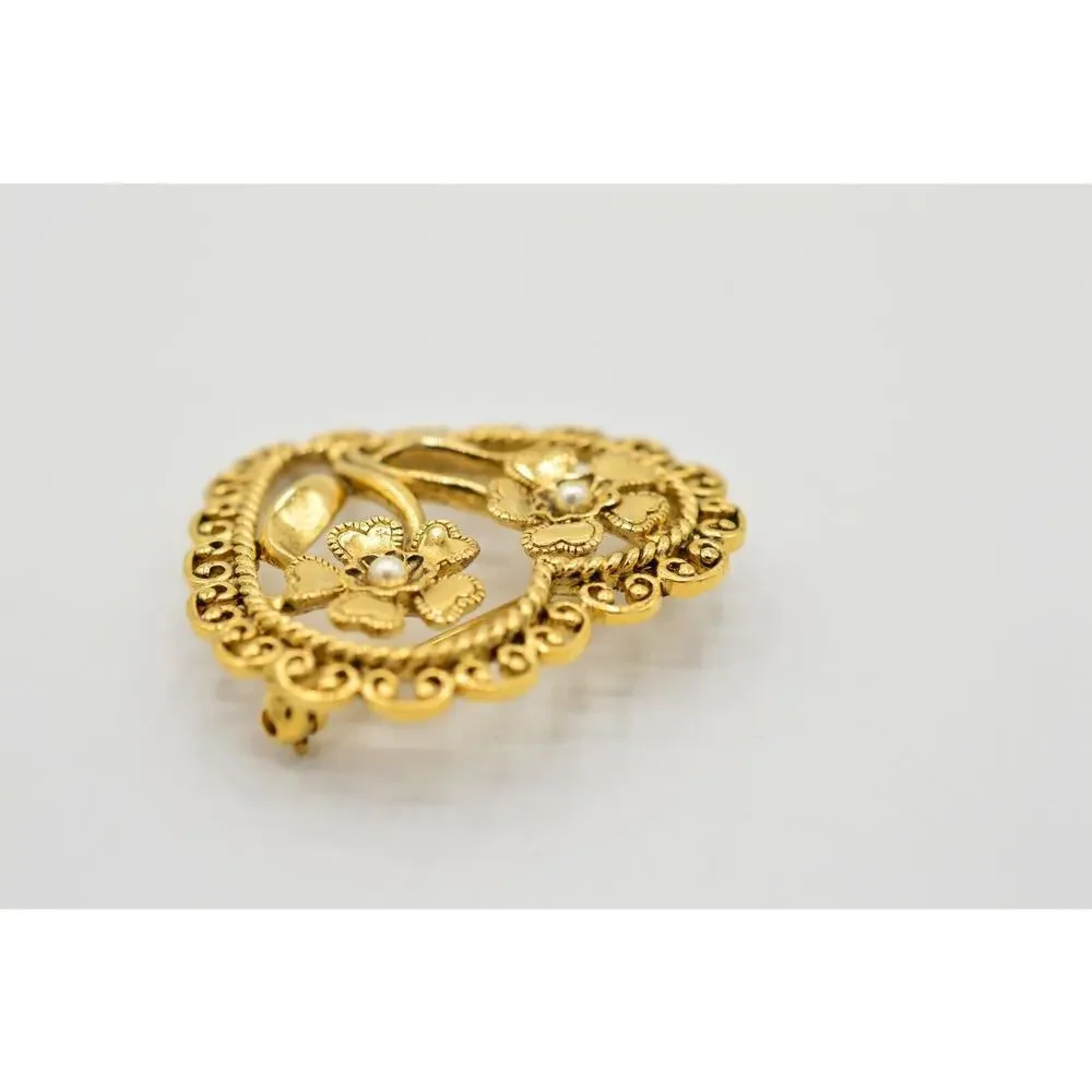 Vintage Pin Brooch Gold Floral Flower Heart Faux Seed Pearl Bead Metal 1980s 9B